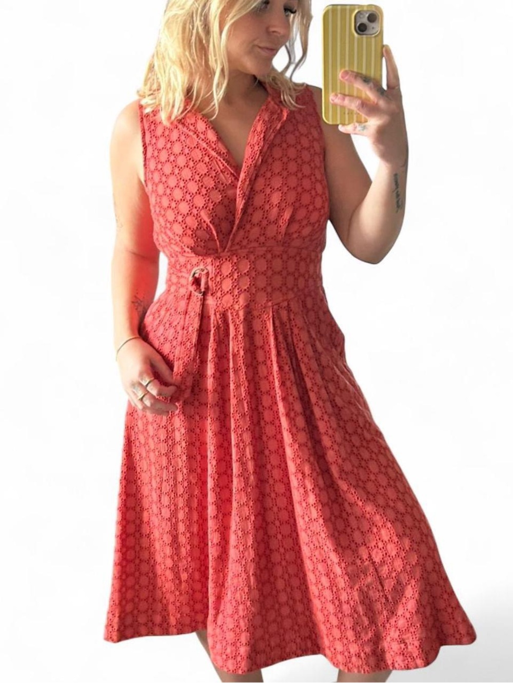 Anthropologie Coral Eyelet V-Neck Tie-Waist Midi Dress